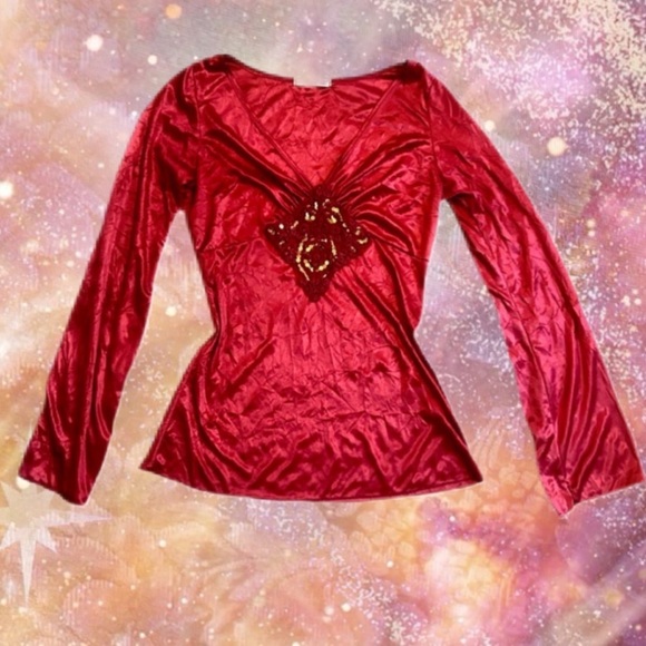 Mikk Couture Tops - 90’s Mikk Couture Elegant Satin Red Long Sleeve Wrap Bust Top Sequin